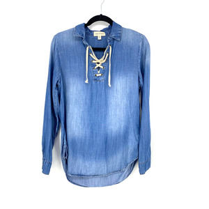 Cloth & Stone top size small chambray denim tencel lace up v neck sleeve tunic